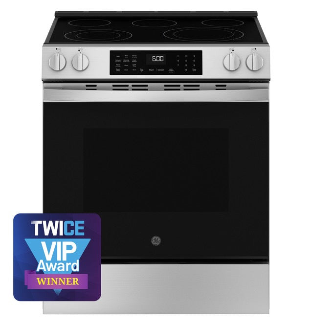 GE® ENERGY STAR® 30" Slide-In Electric Convection Range with No Preheat Air Fry and EasyWash™ Oven Tray Model #: GRS600AVFS