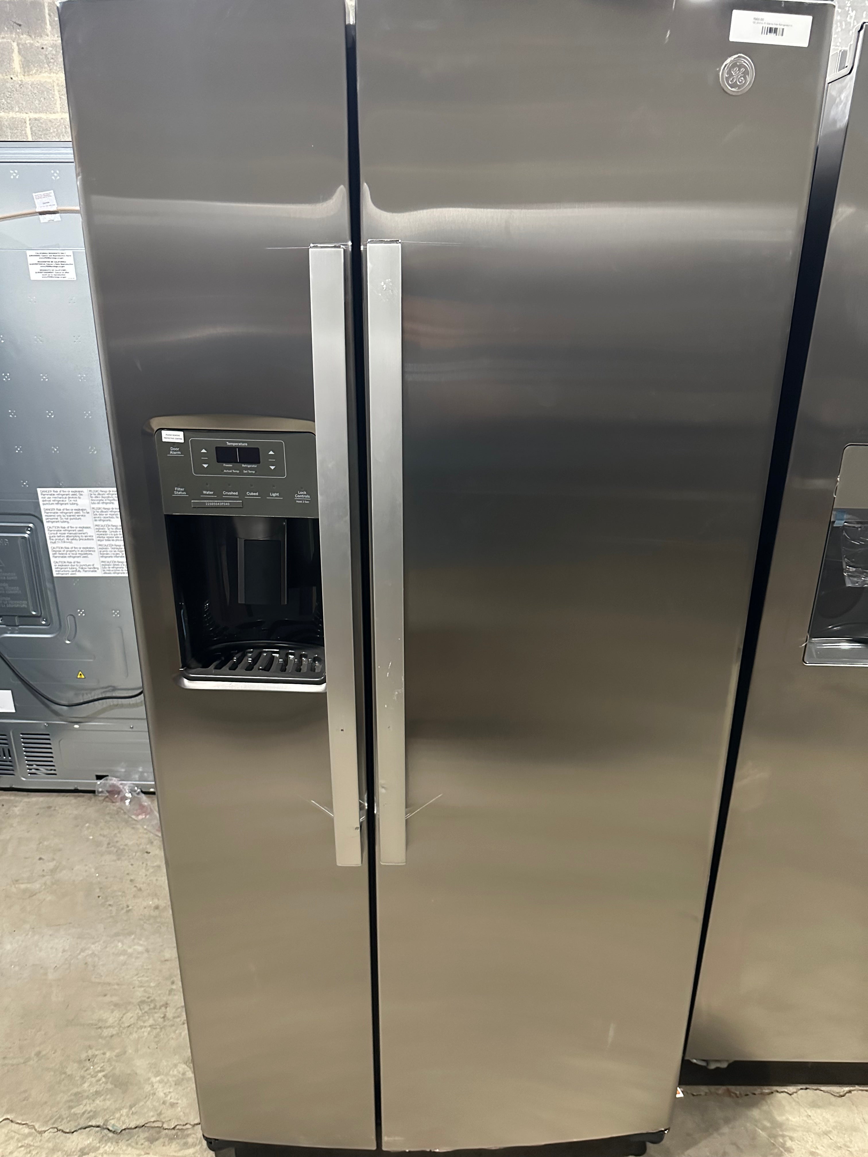 GE  GSS23GYPFS 33 Inch Freestanding Side by Side Refrigerator with 23.01 Cu. Ft. Total Capacity, Edge-to-Edge Shelves, LED Lighting, Storage Drawers, Enhanced Shabbos Mode, Ice Maker, and External Ice/Water Dispenser: Fingerprint Resistant Stainless Steel