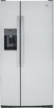 GE  GSS23GYPFS 33 Inch Freestanding Side by Side Refrigerator with 23.01 Cu. Ft. Total Capacity, Edge-to-Edge Shelves, LED Lighting, Storage Drawers, Enhanced Shabbos Mode, Ice Maker, and External Ice/Water Dispenser: Fingerprint Resistant Stainless Steel